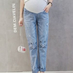 Maternity Jeans with Embroidered Cat Knees NWT